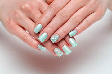 gentle mint wedding manicure with crystals on the nails on the nameless square long form