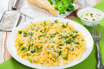 Fettuccine Alfredo with sauce of cream, butter, and grated chees