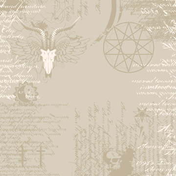 background of the papyrus with occult symbols and pentagram with the image of a goat skull