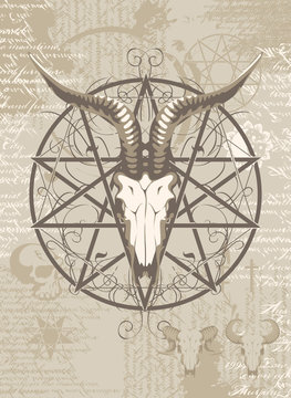 pentagram with the image of a goat skull on the background of the papyrus with occult symbols