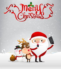 Merry christmas text and santa claus cartoon selfie with smartph