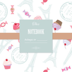 Cute template for scrapbook girly design, birthday, wedding, notebook cover, diary, photo album page. Vintage seamless pattern with Eiffel towers and cupcakes included.