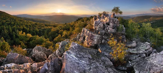 Foto op Plexiglas Heuvel Zonsondergang in bos met rotsachtige bergheuvel