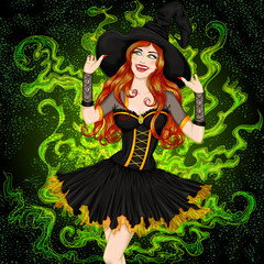Sexy smiling witch with long hair in a hat on the magic foggy background. Vector illustration