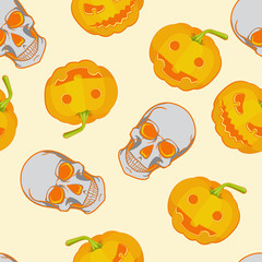 Halloween seamless bright kids cartoon pattern. Skull and pumpkin.