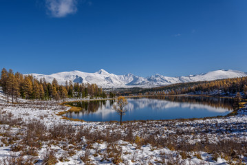 lake mountains reflection snow autumn