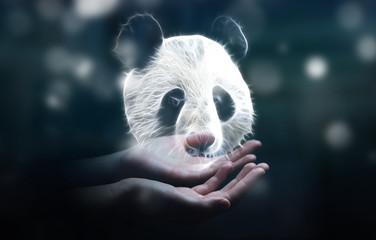 Person holding fractal endangered panda illustration 3D renderin