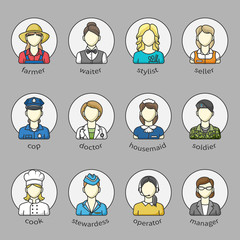 Women icons and avatars in a circle with name. Set of different female professions. farmer, doctor, police officer, manager, seller and others. Color outlined icon collection. Vector illustration.