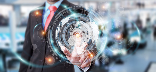 Businessman using hologram screen with digital data