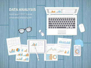 Data analysis concept. Financial Audit, SEO analytics, statistics, strategic, report, management. Charts, graphics on a laptop, tablet, smartphone, documents. View from above. Vector illustration.