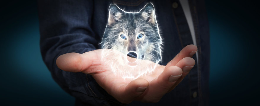 Person holding fractal endangered wolf illustration 3D rendering