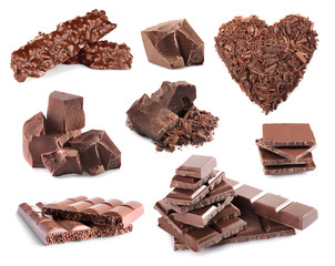 Collage of delicious chocolate on white background