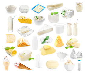 Different types of dairy products on white background. Dairy food collage.