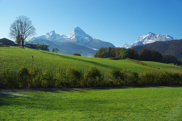 The Watzmann and the Hochkalter from the meadows of Berchtesgaden