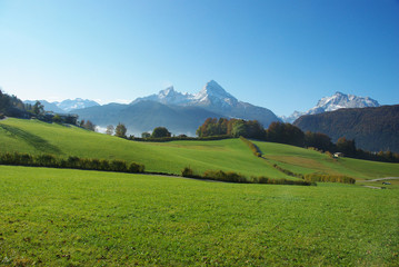 The Watzmann and the Hochkalter from the meadows of Berchtesgaden