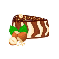 Piece of zebra cake with nuts. Vector sliced portion of sponge striped cake, decorated with chocolate cream and crushed walnut on white background for menu design, coffee, confectionery
