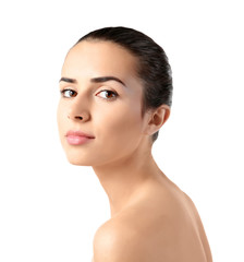 Beautiful young woman with natural makeup on white background