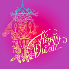 Happy Diwali greeting card with paisley ornamental candle and ha