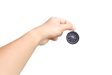 Plakat hand of a man holding a compass on white background.