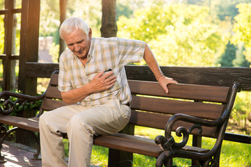 Fototapeta premium Senior guy has heartache. Elderly man on park bench. Too much stress. Chronic disease of heart.