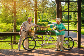 Senior people near tandem bike. Couple smiling and holding hands. Congratulating wife with anniversary. Holiday for two.