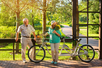 Obraz premium Senior couple and tandem bicycle. Woman is smelling bouquet. Her favorite flowers. Small surprise for closest person.