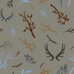 Seamless autumn pattern with branches and horns