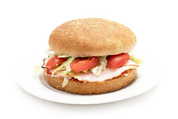 Wholemeal hamburger with ham, salad, tomatoes and mayonnaise on a white plate and background 