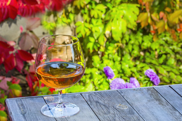 Snifter with brandy on old table in autumn garden