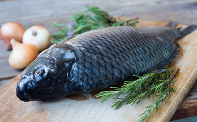 Fresh raw carp on wooden cutting board with onions and rosemary,