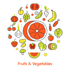 Fruits and Vegetables Thin Line Vector Icons with Banana nd Tomato
