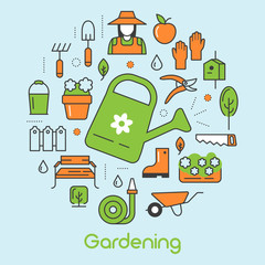 Gardening Thin Line Vector Icons Set with Flowers and Gardener