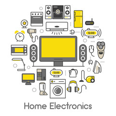Home Electronics Appliances Thin Line Vector Icons Set with TV set, Refrigerator and Coffee Maker
