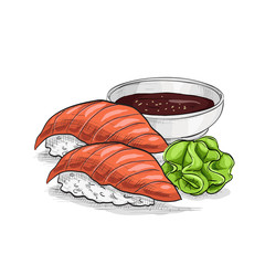 Vector sushi color sketch, Nigiri sake