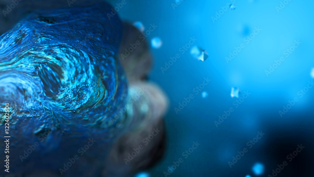 Poster Abstract shape shifting object and particles. 3D rendering