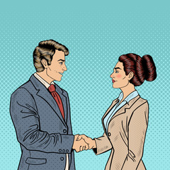 Business Agreement Partnership. Pop Art Businessman and Business Woman Handshake. Vector illustration