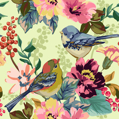 Seamless pattern of Floral elements and birds - 122403340