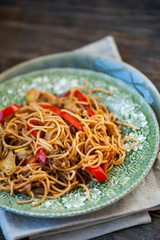 Vegetable noodles with eggplant, squash and red peppers