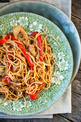 Vegetable noodles with eggplant, squash and red peppers