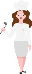Female cook. Cartoon funny woman chef with kitchen spoon.