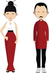 Japanese family. Cartoon japan couple in traditional dresses.