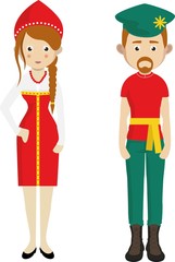 Russian man and woman cartoon couple in traditional costumes