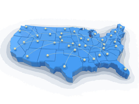 Map Of USA With Flight Paths. Image With Clipping Path.