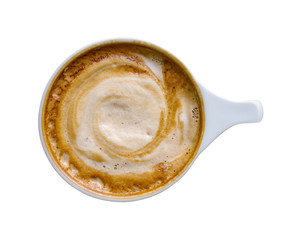Top view of cappuccino coffee cup with milk foam isolated on whi