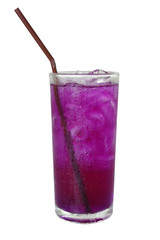 Iced butterfly pea lemonade with straw and water drops condensed
