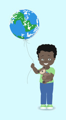 Boy African, American holds the Earth, like a balloon. Vector illustration