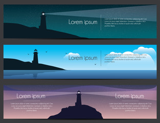 Lighthouse on the rock with sea banners set. Landscape  - 122405701