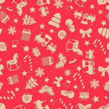 Nahtloses Muster auf rotem Hintergrund mit Symbolen und Icons zu Weihnachten und Nikolaus