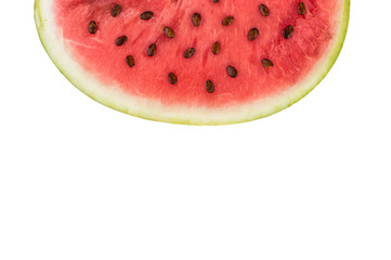 Half of watermelon with seeds in the section. On white isolated fone.Top view. Flat lay.