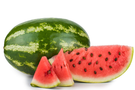 Round watermelon, slice, triangular pieces and seeds .On white isolated fone.
